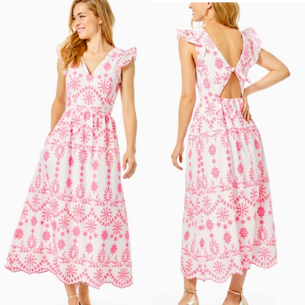 Lilly Pulitzer Pink & White Embroidered Midi Dress